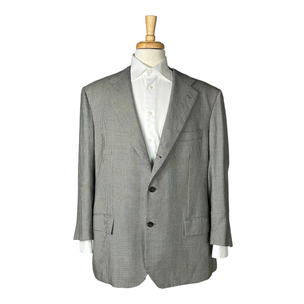 Kiton Pure Cashmere Gray Black Green Houndstooth Blazer‎ Size 48 7R